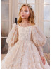 Long Sleeves Beaded Champagne Lace Tulle Flower Girl Dress